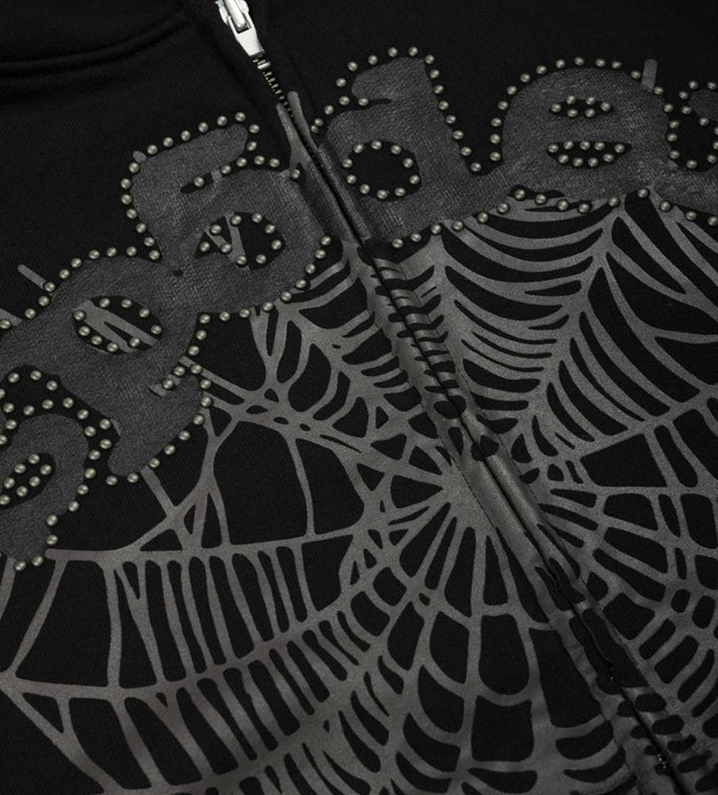 Sp5der OG Web Studded Zip Hoodie Black